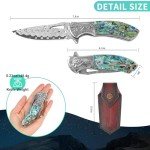 KNOVATET Damascus Pocket Knife with Sheath, Handmade Forged 3.35" VG10 Damascus Steel Blade Folding Knife with Abalone Shell Handle, EDC Camping Knives for Outdoor Indoor, Ideal Gifts for Women Men