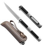 Ogival Pocket Knife for Men, 3.5 inch Folding Knife with Blackwood Handle and Leather Sheath, Edc Knife for Home and Outdoor
