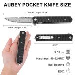 AUBEY Damascus Pocket Knife with Clip, Tanto Blade Damascus Steel Folding Knives for Men Tactical, Aluminum Handle with Glass Breaker for EDC Camping