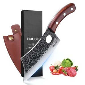 Huusk Meat Cleaver Knife, Hand Forged Butcher Knife for Meat Cutting, Full Tang Viking Knife with Sheath, Japanese Chef Knives for Kitchen, Outdoor Cooking, Camping, BBQ, Gift for Man and Women