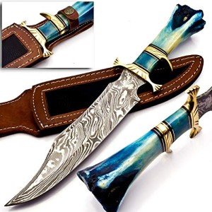 NoonKnives: Hand Made Damascus Steel Collectible Bowie Knife Handle Camel Bone (Blue)