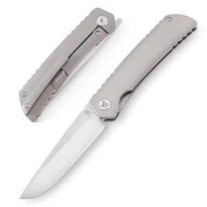 KATSU Folding Pocket Japanese Knife, Sandblasted Titanium Handle, ZDP-189 Super Steel Convex Grind Blade, Leather Sheath