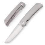 KATSU Folding Pocket Japanese Knife, Sandblasted Titanium Handle, ZDP-189 Super Steel Convex Grind Blade, Leather Sheath