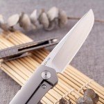 KATSU Folding Pocket Japanese Knife, Sandblasted Titanium Handle, ZDP-189 Super Steel Convex Grind Blade, Leather Sheath