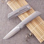 KATSU Folding Pocket Japanese Knife, Sandblasted Titanium Handle, ZDP-189 Super Steel Convex Grind Blade, Leather Sheath