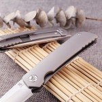 KATSU Folding Pocket Japanese Knife, Sandblasted Titanium Handle, ZDP-189 Super Steel Convex Grind Blade, Leather Sheath