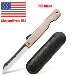 3.6'' Higonokami Folding Knife 7Cr/Damascus Blade Red Bronze Handle w/ PU Sheath