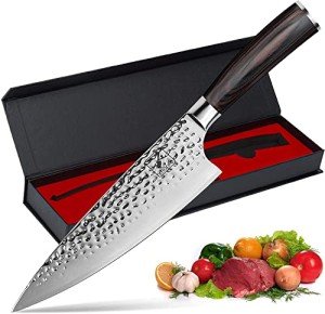 imarku Damascus Chef Knife, 8 inch Kitchen Knife Ultra Sharp Cooking Knife HC German Stainless Steel Japanese Knife for Kitchen, Hand-Hammered Design, Ergonomic Handle, Christmas Gifts for Women/Men