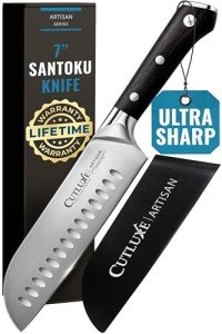 Cutluxe Santoku Knife – 7" Chopping Knife, Vegetable Knife – Forged High Carbon German Steel – Sheath Included – Full Tang & Razor Sharp – Ergonomic Handle Design – Artisan Series