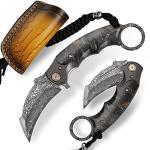 Minowe Handmade Damascus steel Folding Pocket EDCKnife，with cowhide sheath And pocket clip，2.8in blade Claw Hawkbill Folding Knife，Lining lock, wooden handle，Outdoor survival first-aid camping knife