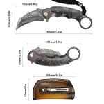 Minowe Handmade Damascus steel Folding Pocket EDCKnife，with cowhide sheath And pocket clip，2.8in blade Claw Hawkbill Folding Knife，Lining lock, wooden handle，Outdoor survival first-aid camping knife