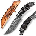 Minowe Handcrafted 10 inches Damascus Steel Fixed blade hunting knife，with leather case，wolf head metal and ebony Handle，EDC Belt Knife for Men，Survival Camping Knife fishing travel knife