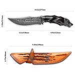 Minowe Handcrafted 10 inches Damascus Steel Fixed blade hunting knife，with leather case，wolf head metal and ebony Handle，EDC Belt Knife for Men，Survival Camping Knife fishing travel knife