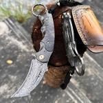Minowe Handmade Damascus steel Folding Pocket EDCKnife，with cowhide sheath And pocket clip，2.8in blade Claw Hawkbill Folding Knife，Lining lock, wooden handle，Outdoor survival first-aid camping knife