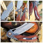 Minowe men's pocket knife Damascus Steel Handmade Folding Knife，3.5 in blade rosewood handle，with leather case ，Liner Lock Steel ball bearings，pocket clip ，EDC Camping Outdoor Survival Knife