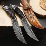 Minowe Handcrafted 10 inches Damascus Steel Fixed blade hunting knife，with leather case，wolf head metal and ebony Handle，EDC Belt Knife for Men，Survival Camping Knife fishing travel knife