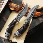 Minowe Handcrafted 10 inches Damascus Steel Fixed blade hunting knife，with leather case，wolf head metal and ebony Handle，EDC Belt Knife for Men，Survival Camping Knife fishing travel knife