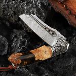 Minowe Japan Handmade Damascus steel steel Folding Pocket Knife，3.5 in High hardness blade，Frame Lock，With Leather Sheath，resin and Maple handle，Mountaineering go fishing hunting Adventure Knifee