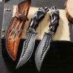 Minowe Handcrafted 10 inches Damascus Steel Fixed blade hunting knife，with leather case，wolf head metal and ebony Handle，EDC Belt Knife for Men，Survival Camping Knife fishing travel knife