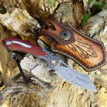Minowe men's pocket knife Damascus Steel Handmade Folding Knife，3.5 in blade rosewood handle，with leather case ，Liner Lock Steel ball bearings，pocket clip ，EDC Camping Outdoor Survival Knife