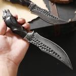 Minowe Handcrafted 10 inches Damascus Steel Fixed blade hunting knife，with leather case，wolf head metal and ebony Handle，EDC Belt Knife for Men，Survival Camping Knife fishing travel knife
