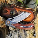 Minowe men's pocket knife Damascus Steel Handmade Folding Knife，3.5 in blade rosewood handle，with leather case ，Liner Lock Steel ball bearings，pocket clip ，EDC Camping Outdoor Survival Knife
