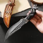 Minowe Handcrafted 10 inches Damascus Steel Fixed blade hunting knife，with leather case，wolf head metal and ebony Handle，EDC Belt Knife for Men，Survival Camping Knife fishing travel knife