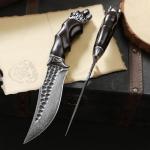 Minowe Handcrafted 10 inches Damascus Steel Fixed blade hunting knife，with leather case，wolf head metal and ebony Handle，EDC Belt Knife for Men，Survival Camping Knife fishing travel knife