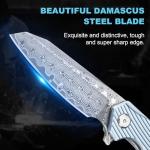 Zingbee Damascus Pocket Knife 3.46" Damascus Steel Blade EDC Pocket Knives & Folding Knives for Men Women Blue Non-Slip Handle