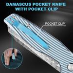 Zingbee Damascus Pocket Knife 3.46" Damascus Steel Blade EDC Pocket Knives & Folding Knives for Men Women Blue Non-Slip Handle