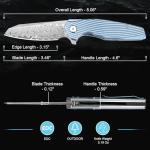 Zingbee Damascus Pocket Knife 3.46" Damascus Steel Blade EDC Pocket Knives & Folding Knives for Men Women Blue Non-Slip Handle
