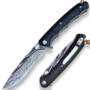 TACTICAL GEARZ Damascus Steel Pocket Knife for EDC, Ebony (Black) Wood Handle, Multi-Layered Damascus Steel Blade (Krato XT)