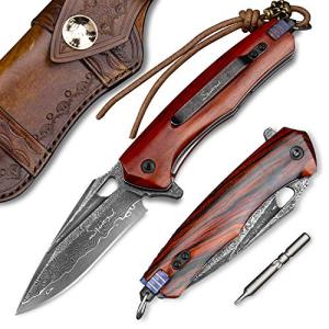 SPIRIT DEED Damascus steel multifunctional EDC folding knife with self assembling pocket clip, lining lock, leather sheath, one piece disassembly pocket knife