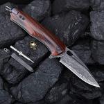 SPIRIT DEED Damascus steel multifunctional EDC folding knife with self assembling pocket clip, lining lock, leather sheath, one piece disassembly pocket knife