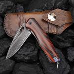 SPIRIT DEED Damascus steel multifunctional EDC folding knife with self assembling pocket clip, lining lock, leather sheath, one piece disassembly pocket knife