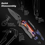 SPIRIT DEED Damascus steel multifunctional EDC folding knife with self assembling pocket clip, lining lock, leather sheath, one piece disassembly pocket knife