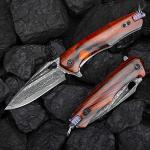 SPIRIT DEED Damascus steel multifunctional EDC folding knife with self assembling pocket clip, lining lock, leather sheath, one piece disassembly pocket knife