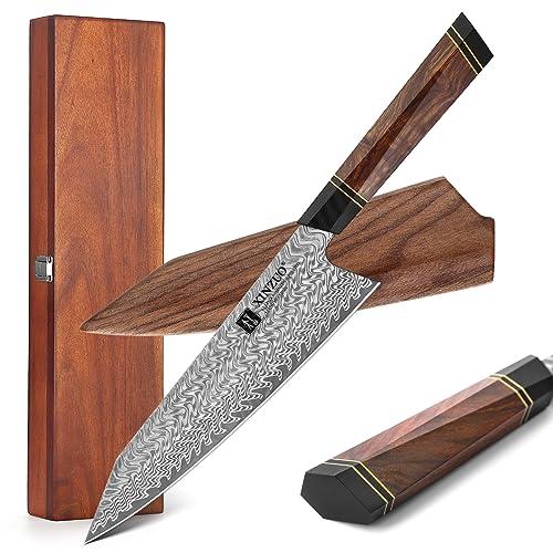 XINZUO 8.5 Inch Japanese Kiritskue Chef Knife, Professional Chef Knife,Damascus Kitchen Knife for Chefs and Home Cooking, Desert Ironwood Handle, Walnut Magnetic Wooden Sheath, Acacia Wood Box Package