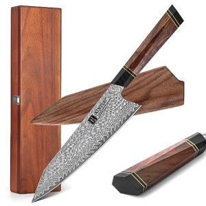 XINZUO 8.5 Inch Japanese Kiritskue Chef Knife, Professional Chef Knife,Damascus Kitchen Knife for Chefs and Home Cooking, Desert Ironwood Handle, Walnut Magnetic Wooden Sheath, Acacia Wood Box Package