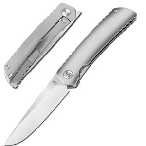 KATSU Folding Pocket Japanese Knife, Sandblasted Titanium Handle, ZDP-189 Super Steel Convex Grind Blade, Leather Sheath