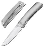 KATSU Folding Pocket Japanese Knife, Sandblasted Titanium Handle, ZDP-189 Super Steel Convex Grind Blade, Leather Sheath