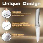 KATSU Folding Pocket Japanese Knife, Sandblasted Titanium Handle, ZDP-189 Super Steel Convex Grind Blade, Leather Sheath