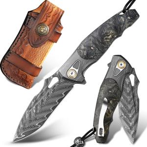 Handmade Damascus Steel Pocket Knife&#65292;3.7 inches High Sharp Blades folding
