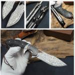 Handmade Damascus Steel Folding Knife with leather case&#65292;3.8in VG10 steel 