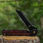 KATSU Camping Pocket Folding Japanese Knife, CPM S35VN Blade, Black Stonewashed Titanium Handle With Mars Valley Fat Carbon Fiber Inlay