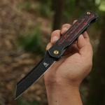 KATSU Camping Pocket Folding Japanese Knife, CPM S35VN Blade, Black Stonewashed Titanium Handle With Mars Valley Fat Carbon Fiber Inlay