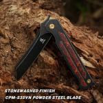 KATSU Camping Pocket Folding Japanese Knife, CPM S35VN Blade, Black Stonewashed Titanium Handle With Mars Valley Fat Carbon Fiber Inlay