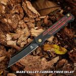 KATSU Camping Pocket Folding Japanese Knife, CPM S35VN Blade, Black Stonewashed Titanium Handle With Mars Valley Fat Carbon Fiber Inlay