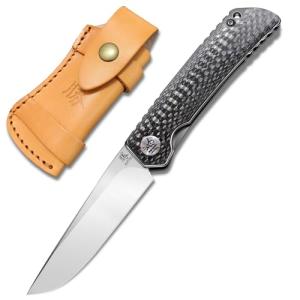 KATSU Folding Pocket Japanese Knife, Carbon Fiber Handle, EDC Knife w/154CM Steel Blade, Leather Sheath