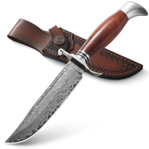 DRACHENADER Damascus Bowie Knife, 10.5 Inch Damascus Knife with Leather Sheath, Handmade Fixed Blade Hunting Knife, Real Damascus Steel with VG10 Core, Wood Handle, Outdoor Bushcraft Knife